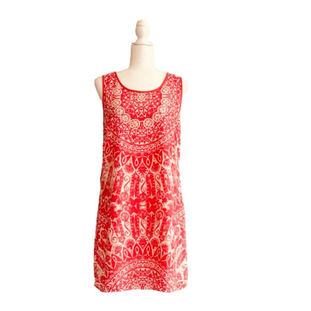 Yahada Dress Orange Red Cream Print Sleeveless Casual Summer Sheath Dress Small